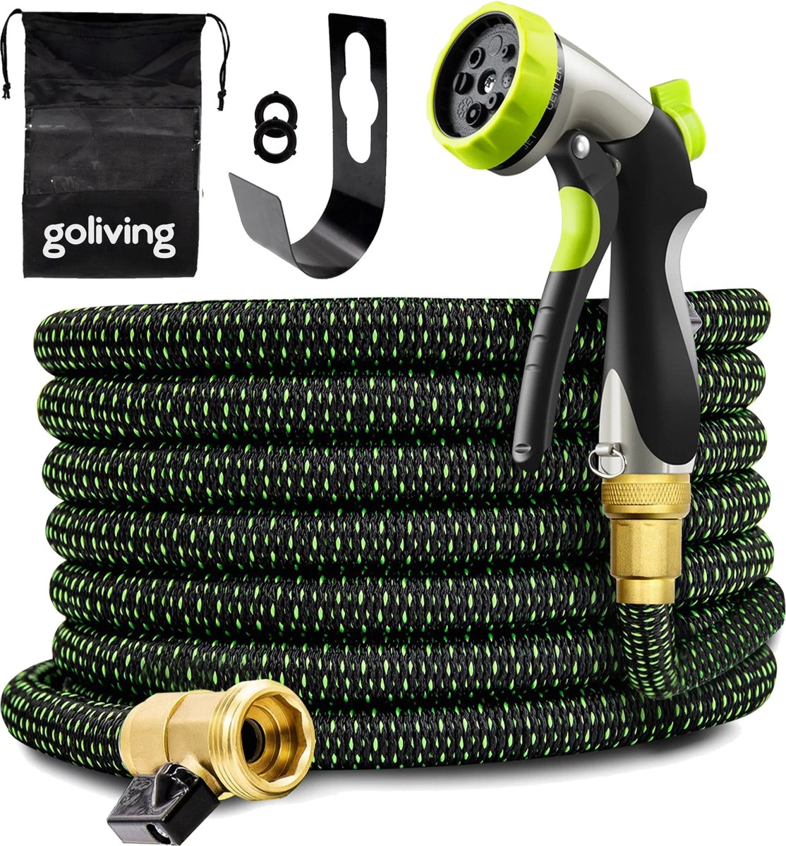 Goliving Tuinslang Flexibel - 30 Meter - Uitrekbare Tuinslang Sproeier - Tuinsproeier - Zwart - Acht Standen - Met Opbergtas