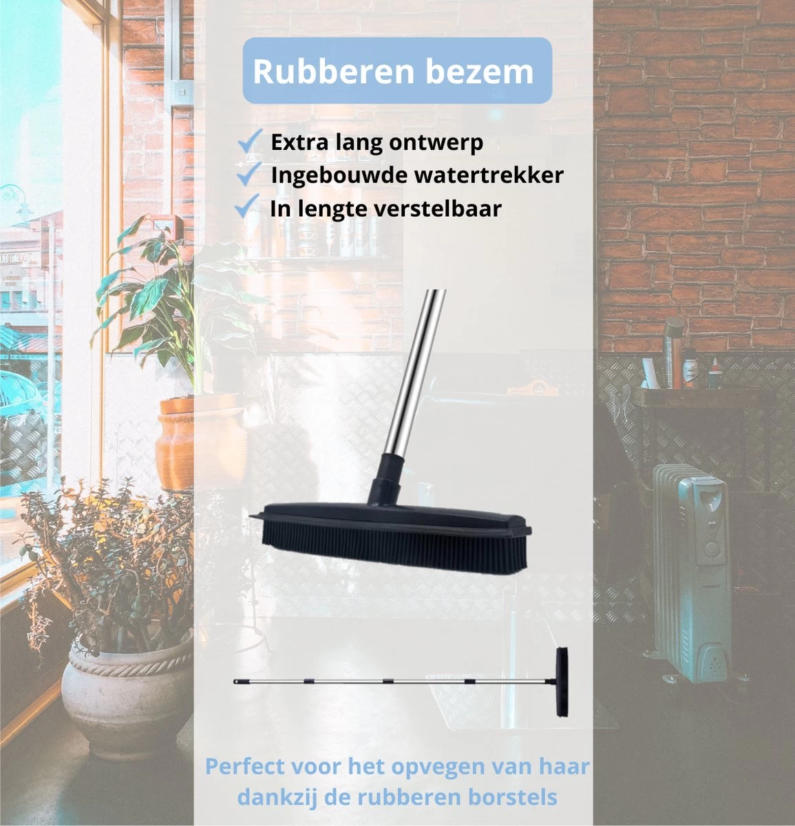 De Blaffende Kat 2 In 1 Rubberen Bezem – Bezem Binnen & Buiten – Vloerwisser Met Steel - Vloertrekker – Veger - Extra Lang 160cm - Image 2