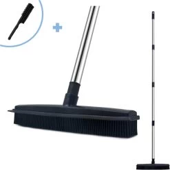 2 In 1 Rubberen Bezem – Bezem Binnen & Buiten – Vloerwisser Met Steel - Met Huisdierhaar Verwijderaar - Vloertrekker – Veger - Extra Lang 160cm