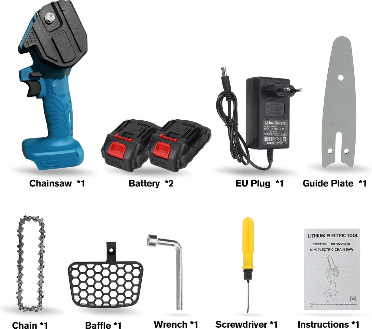 Merkloos Mini Accu Kettingzaag - 4 Inch Elektrische Boomzaag - Handkettingzaag - Met 2 Accu En 1 Oplader - Voor Tuinboom Ranch Bomen Snijden Hout- Blauw - Image 13