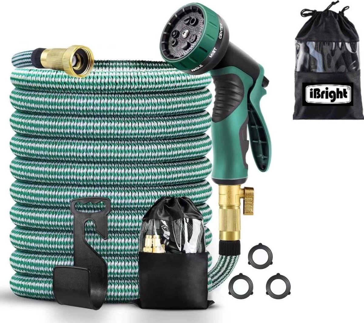 IBright Extra Sterke Uitrekbare Tuinslang - Flexibel - 15 Meter - Inclusief Opbergtas ,Sproeier ,Koppelstuk En Ophanghaak - Groen