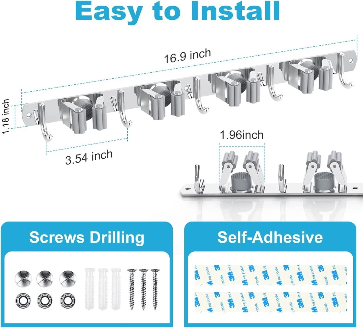 BOTC Bezemhouder - 5 Houders 6 Haken Bezem Ophangsysteem - Zeflklevend - Opbergsysteem - Ophanghaken - Tuingereedschap - Gereedschap Opbergen - Image 5