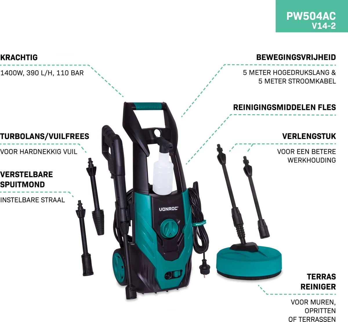 VONROC Hogedrukreiniger V14-2 - 1400W – 110 Bar – 390 L/h – Incl. 5m Slang, Reinigingsmiddelen Flesje, Terrasreiniger En Meer - Afbeelding 3