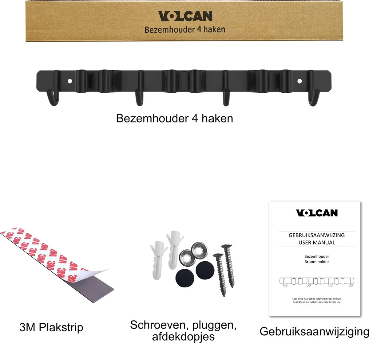 Volcan Bezemhouder - Bezem Ophangsysteem Tuingereedschap - Gereedschapshouder - Zelfklevend - 3M Tape - 3 Houders 4 Haken - RVS Zwart - Image 7