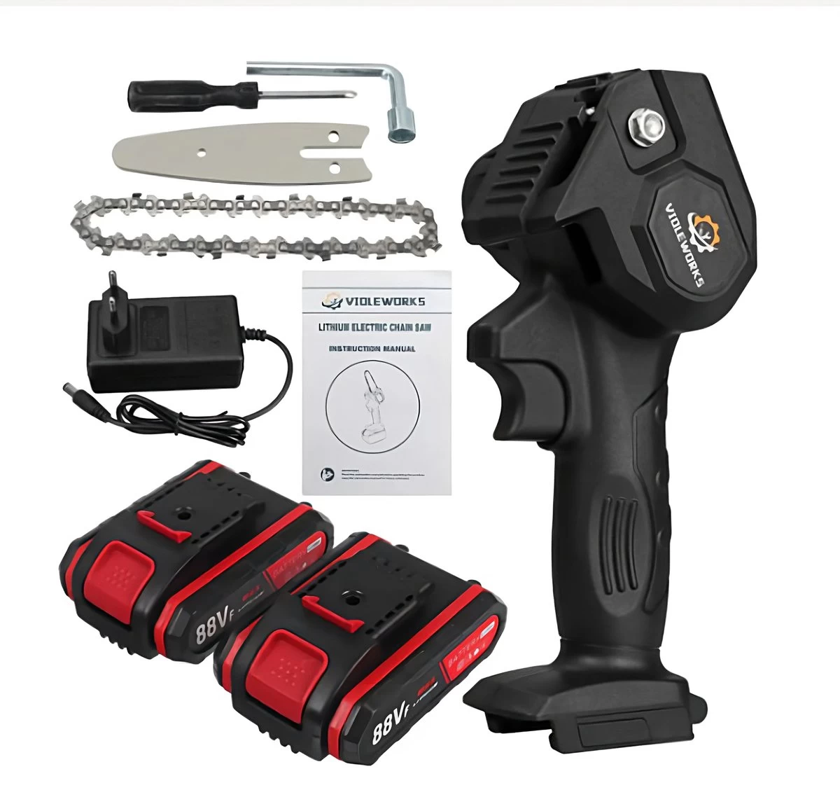 Violeworks® Accu Kettingzaag - Snoeizaag - Mini Kettingzaag - Handkettingzaag - Ook Voor Makita - Elektrische Kettingzaag - Elektrische Snoeischaar - Op Batterij - 2900 MAh - 1080W - 88V - Image 7