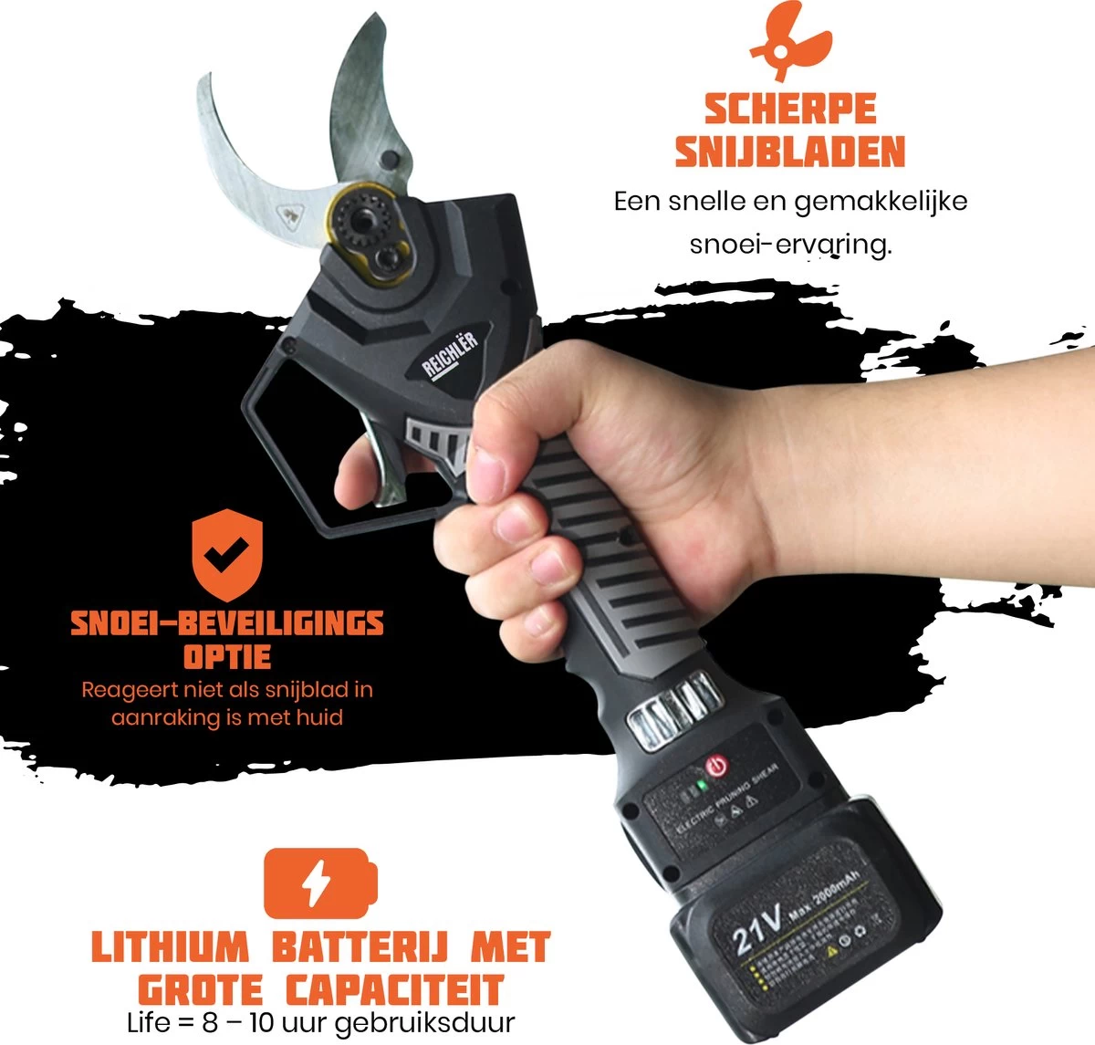 Reichlër® Elektrische Snoeischaar - 40 Mm Snijdiameter - 2x Accu - Anti-cut Functie - Heggenschaar - Takkenschaar - Zwart - Image 4