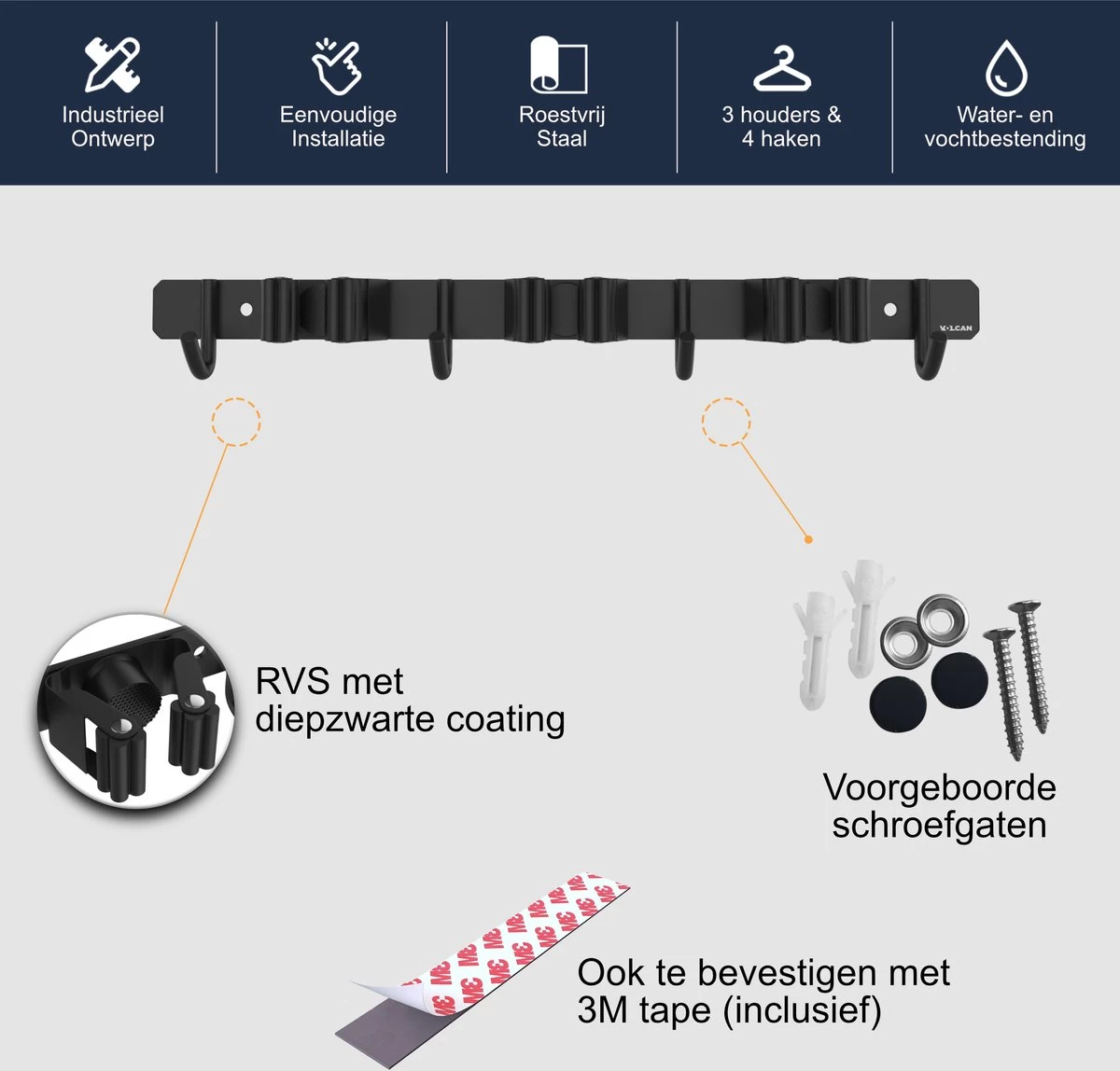 Volcan Bezemhouder - Bezem Ophangsysteem Tuingereedschap - Gereedschapshouder - Zelfklevend - 3M Tape - 3 Houders 4 Haken - RVS Zwart - Image 6