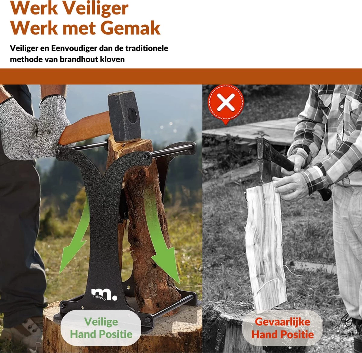 Miseru Houtklover – Zonder Bijl – No Axe – HANDMADE In Holland Houtsplijter – Houtkliever – Houtklover Voor Aanmaakhout – Ook Voor Stammen - Metaal - Afbeelding 3