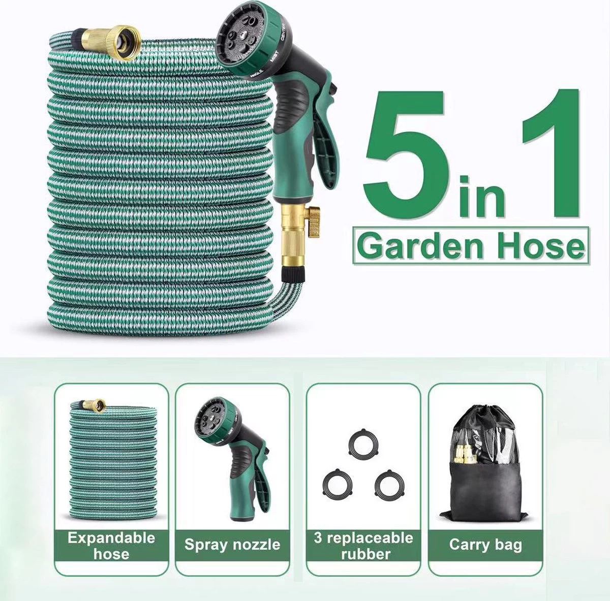 IBright Extra Sterke Uitrekbare Tuinslang - Flexibel - 15 Meter - Inclusief Opbergtas ,Sproeier ,Koppelstuk En Ophanghaak - Groen - Image 5