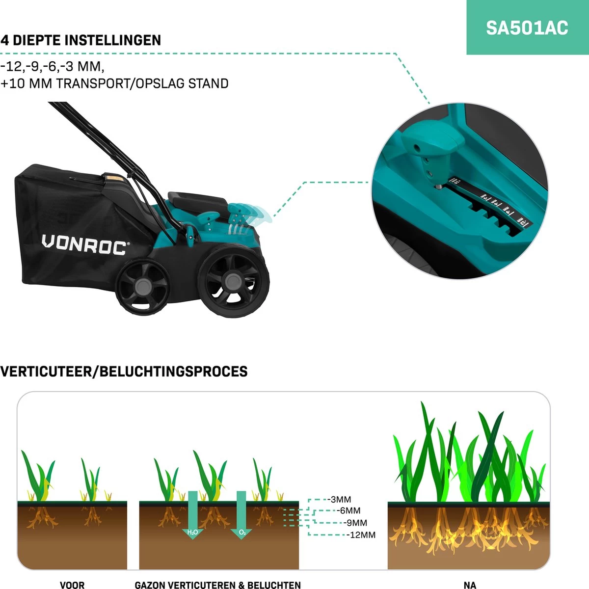 VONROC Elektrische Verticuteermachine - Gazonbeluchter – 1300W – Maaibreedte 320 Mm – 4 Dieptestanden (12/9/6/3 Mm) – Incl. 35L. Opvangbak - Image 5