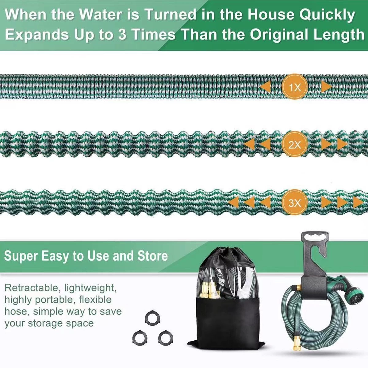 IBright Extra Sterke Uitrekbare Tuinslang - Flexibel - 15 Meter - Inclusief Opbergtas ,Sproeier ,Koppelstuk En Ophanghaak - Groen - Image 3