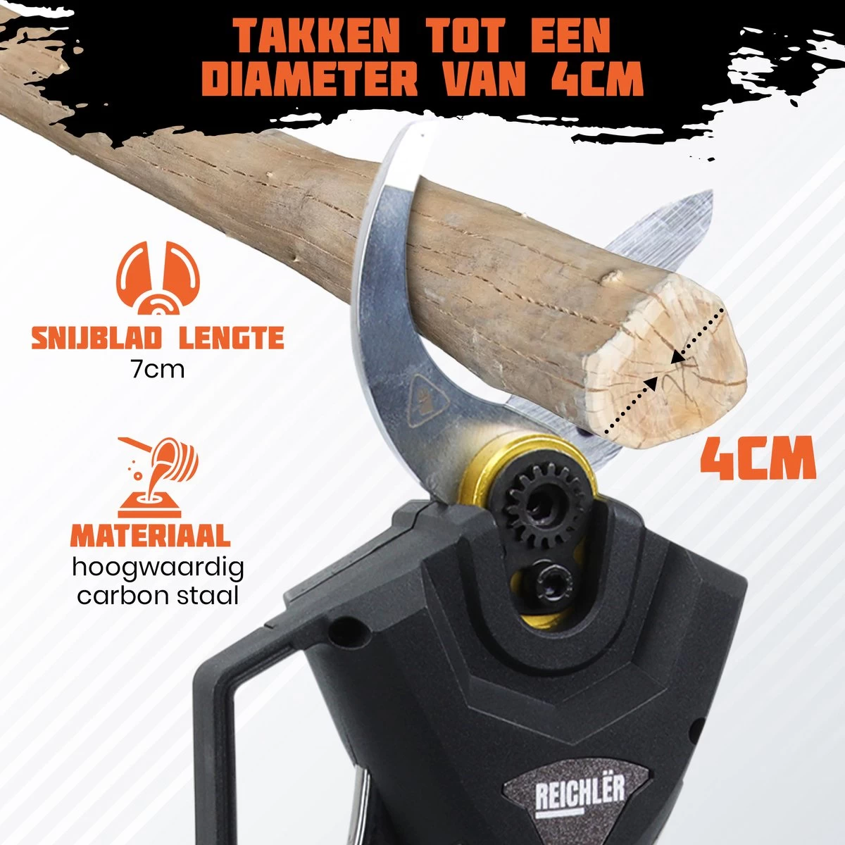 Reichlër® Elektrische Snoeischaar - 40 Mm Snijdiameter - 2x Accu - Anti-cut Functie - Heggenschaar - Takkenschaar - Zwart - Image 2
