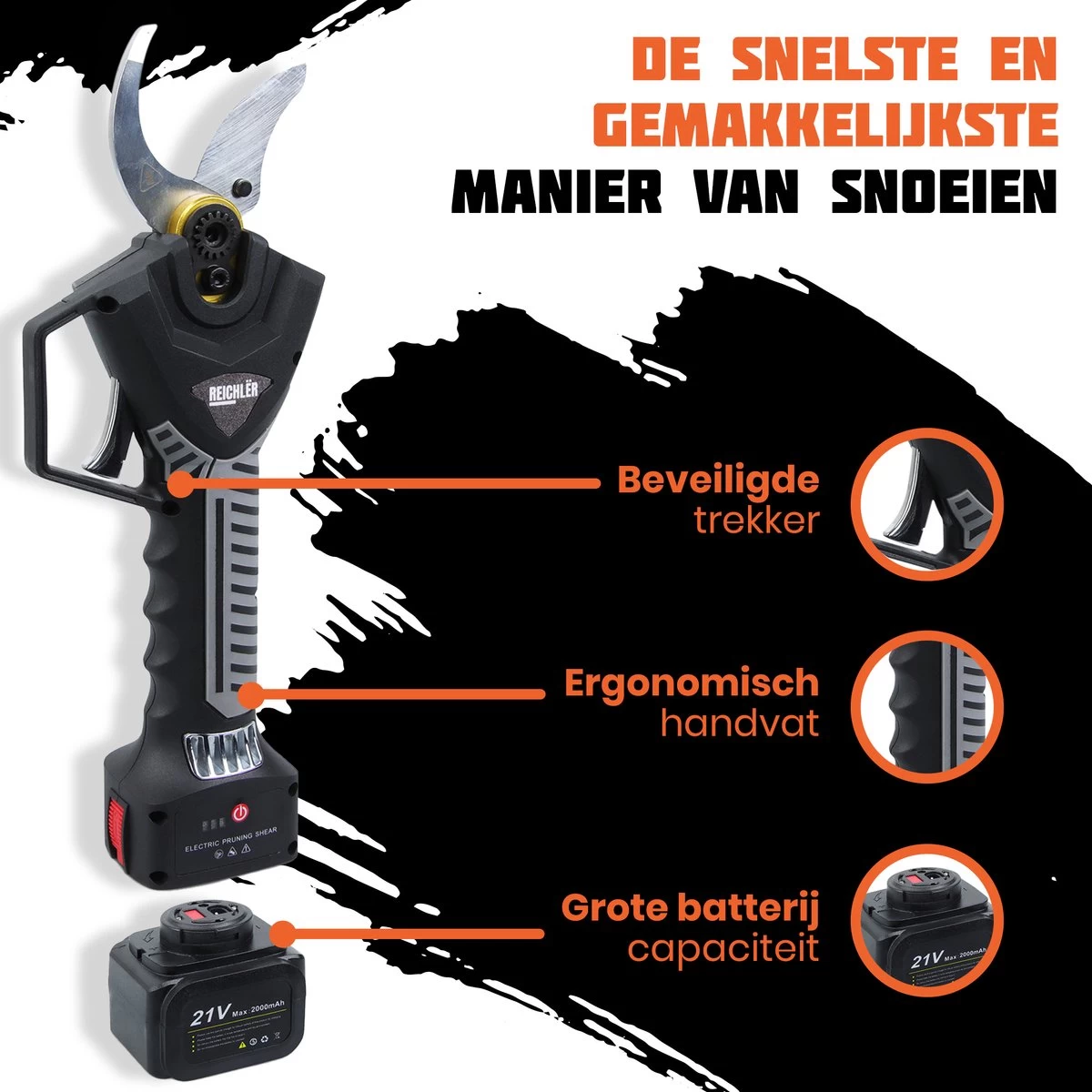 Reichlër® Elektrische Snoeischaar - 40 Mm Snijdiameter - 2x Accu - Anti-cut Functie - Heggenschaar - Takkenschaar - Zwart - Image 3