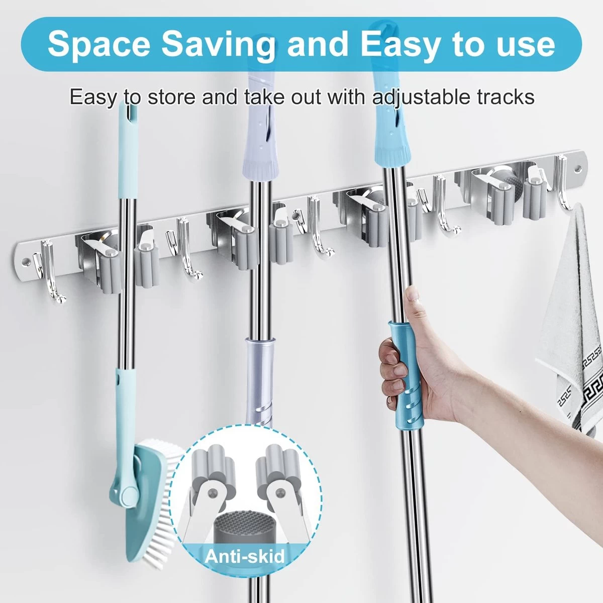 BOTC Bezemhouder - 5 Houders 6 Haken Bezem Ophangsysteem - Zeflklevend - Opbergsysteem - Ophanghaken - Tuingereedschap - Gereedschap Opbergen - Image 3