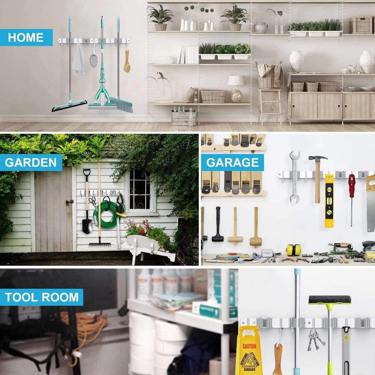BOTC Bezemhouder - 5 Houders 6 Haken Bezem Ophangsysteem - Zeflklevend - Opbergsysteem - Ophanghaken - Tuingereedschap - Gereedschap Opbergen - Image 4