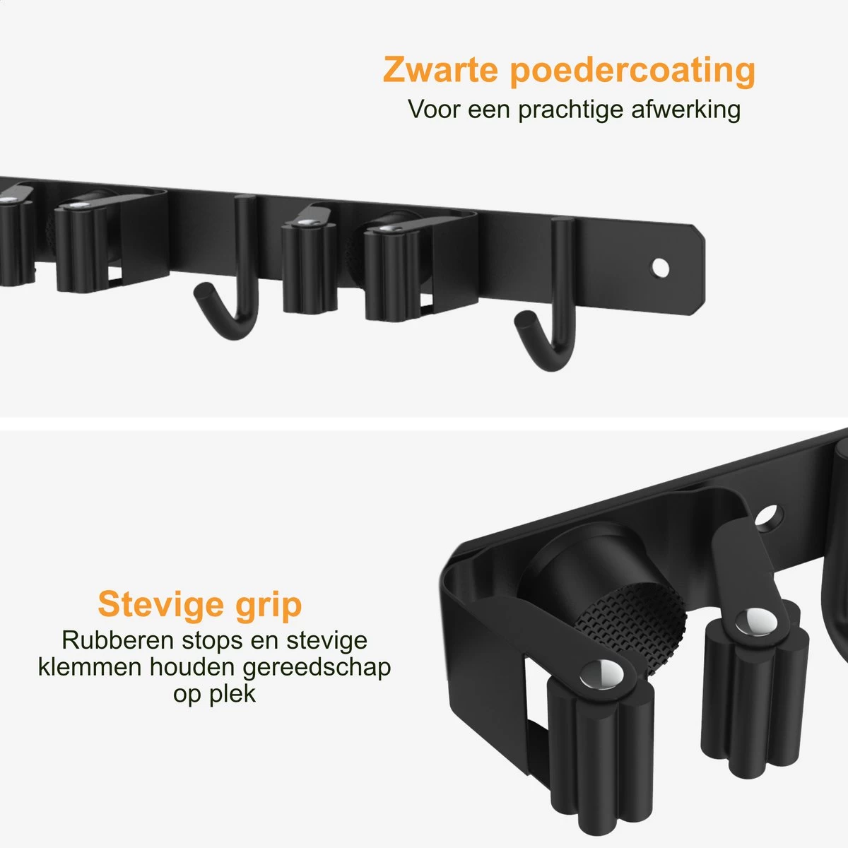 Volcan Bezemhouder - Bezem Ophangsysteem Tuingereedschap - Gereedschapshouder - Zelfklevend - 3M Tape - 3 Houders 4 Haken - RVS Zwart - Image 3