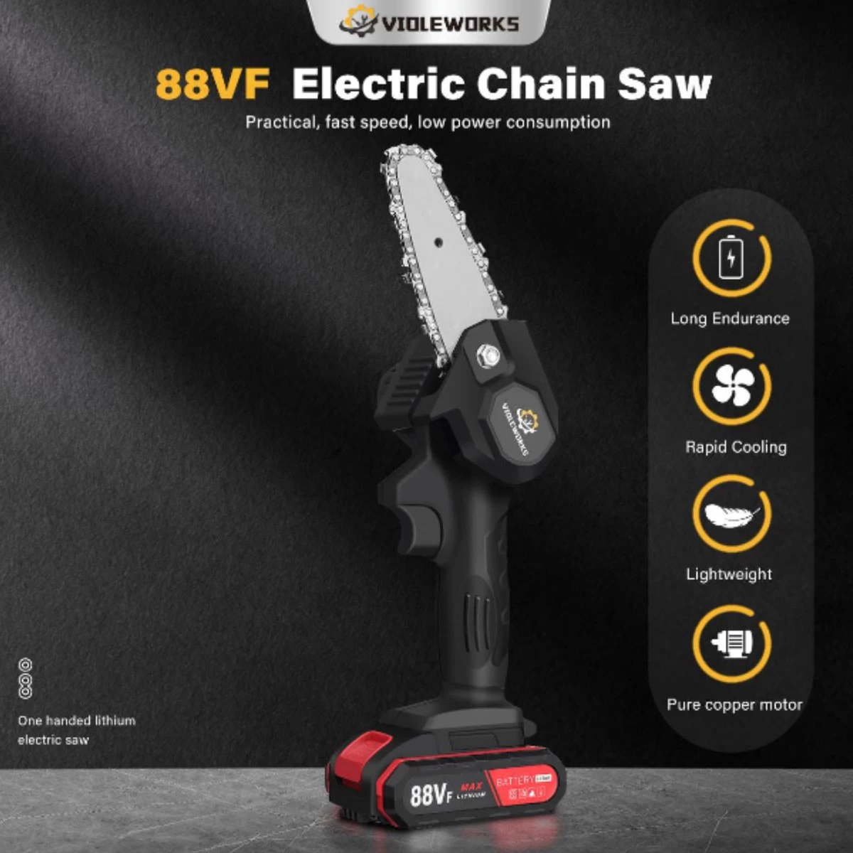 Violeworks® Accu Kettingzaag - Snoeizaag - Mini Kettingzaag - Handkettingzaag - Ook Voor Makita - Elektrische Kettingzaag - Elektrische Snoeischaar - Op Batterij - 2900 MAh - 1080W - 88V - Image 5