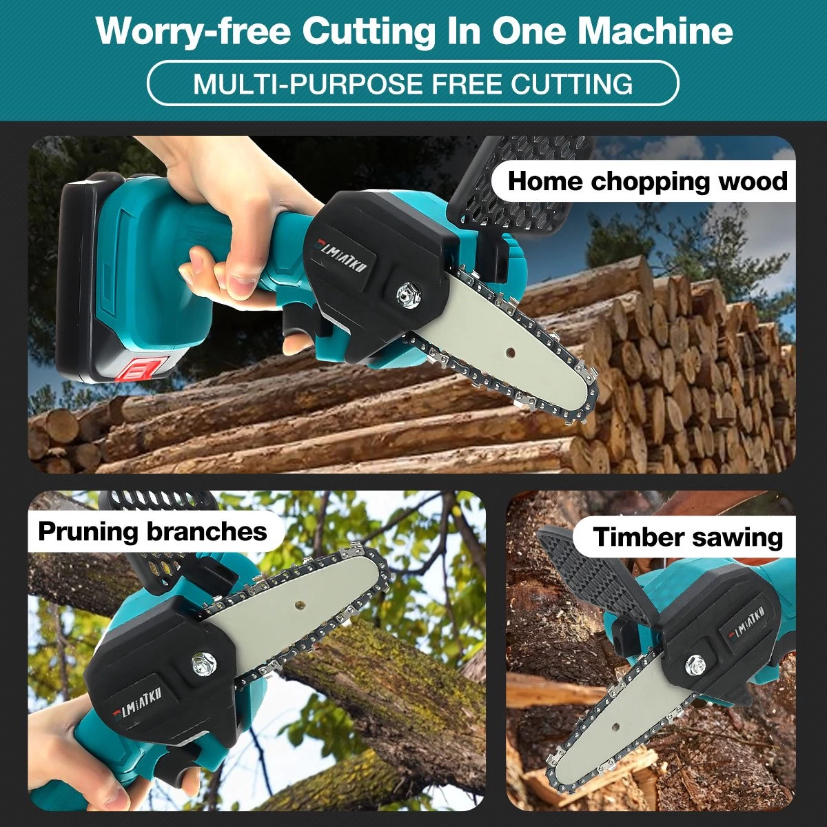 Merkloos Mini Accu Kettingzaag - 4 Inch Elektrische Boomzaag - Handkettingzaag - Met 2 Accu En 1 Oplader - Voor Tuinboom Ranch Bomen Snijden Hout- Blauw - Image 16