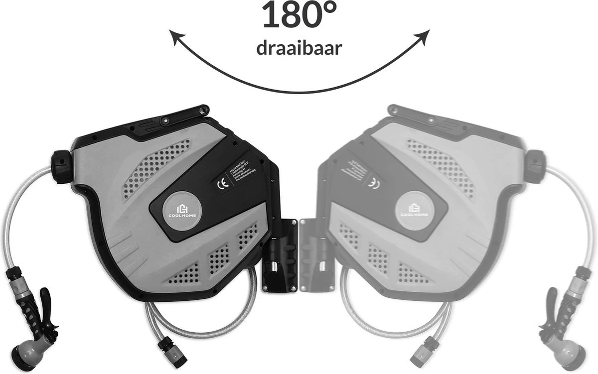 CoolHome Wandslangenbox 30 Meter + 2 Meter - Tuinslang Met Haspel- Slangenhouder 180° Draaibaar - Tuinslanghaspel Zwart - Grijs - Image 5