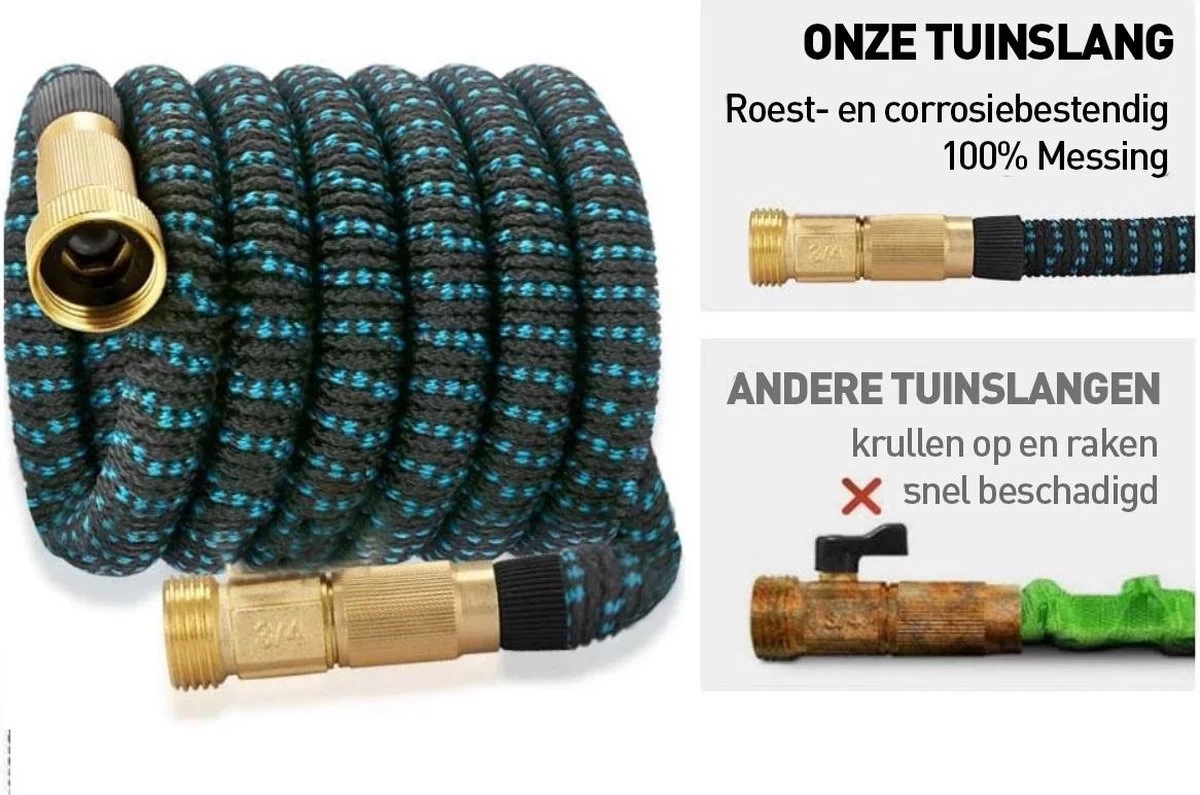 J.E Super Sterk Uitrekbare Tuinslang Tot 30 Meter + GRATIS Tas, Ophanghaak En Koppelstuk - 10 Standen Sproeikop - Blauw/Zwart - Flexibel Elastisch - Afbeelding 4